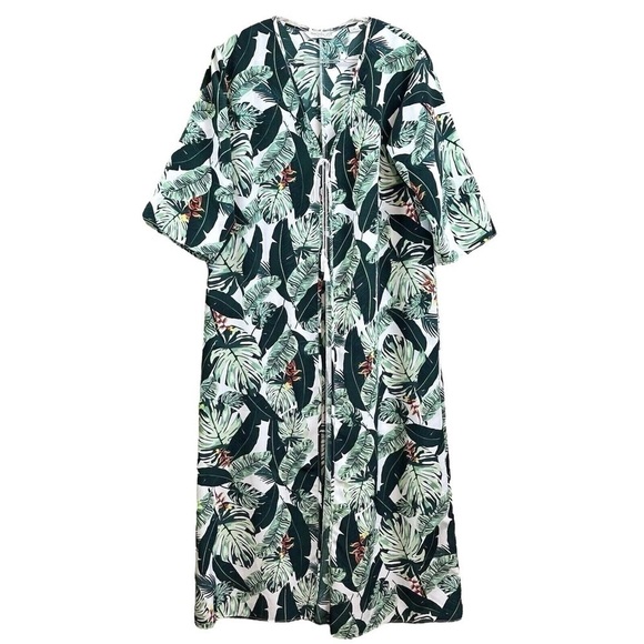 Rachel Zoe Tropical Palm Leaf Green Duster Kimono Long Swim Cover Up Size OS - Picture 1 of 8